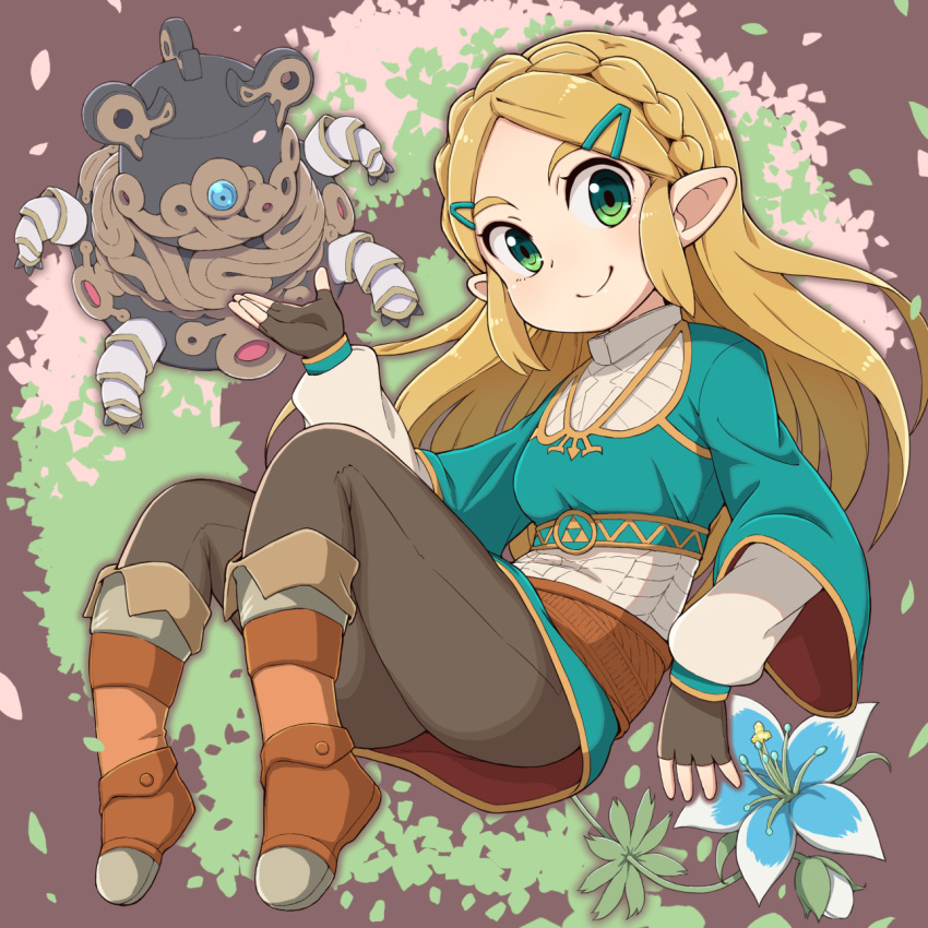 1girl black_gloves black_pants blonde_hair blue_shirt boots braid breasts closed_mouth crop_top crown_braid fingerless_gloves flower full_body gloves green_eyes grey_footwear guardian_(breath_of_the_wild) highres long_hair long_sleeves nazonazo_(nazonazot) pants pointy_ears princess princess_zelda purple_background shirt sidelocks single_braid small_breasts smile solo straight_hair the_legend_of_zelda the_legend_of_zelda:_breath_of_the_wild thick_eyebrows triforce undershirt white_shirt wide_sleeves yoga_pants