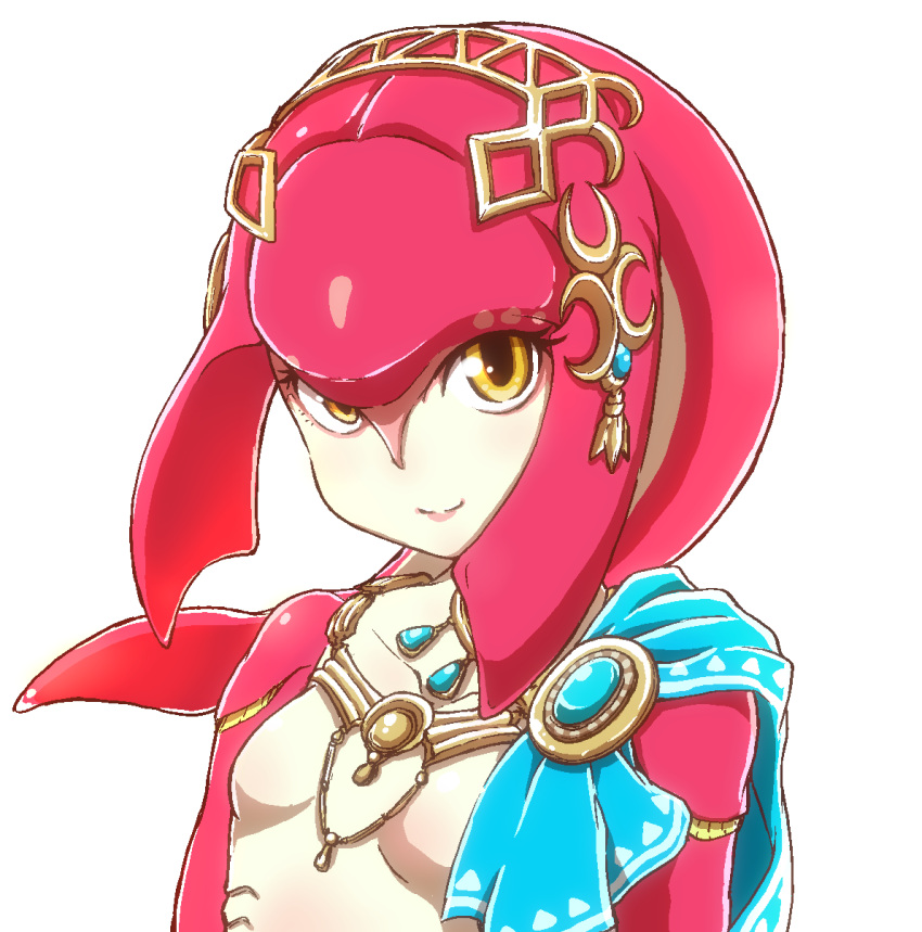 1girl breasts closed_mouth collarbone crescent eyelashes fins fish_girl gem gills headpiece highres jewelry looking_at_viewer mipha multicolored multicolored_skin nazonazo_(nazonazot) necklace no_nipples orange_eyes pink_skin simple_background single_bare_shoulder small_breasts smile solo the_legend_of_zelda the_legend_of_zelda:_breath_of_the_wild two-tone_skin upper_body white_background white_skin