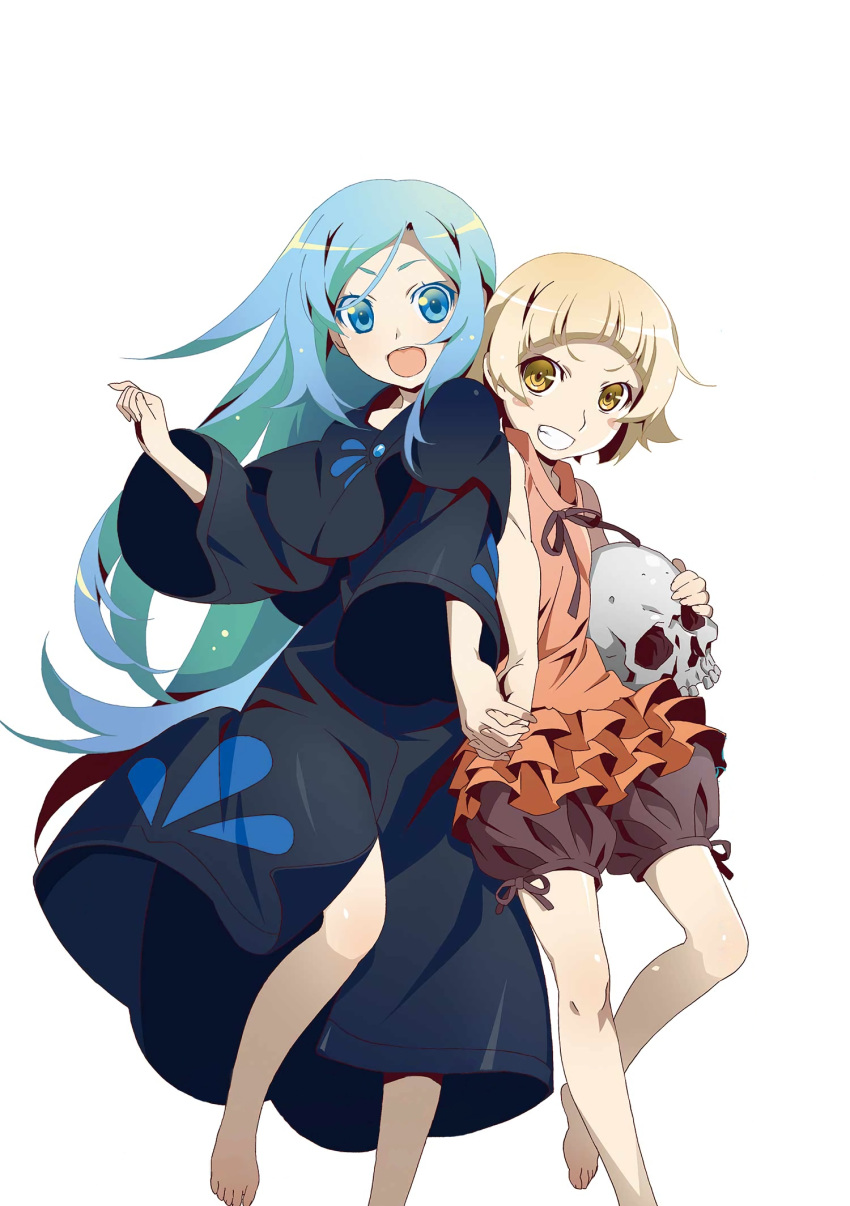 2girls :d barefoot black_dress black_ribbon black_shorts blonde_hair blue_eyes blue_hair dress grin highres holding_hand holding_skull interlocked_fingers kunagisa_tomo layered_skirt long_dress long_hair looking_at_viewer monogatari_(series) multiple_girls neck_ribbon one_leg_raised open_mouth oshino_shinobu puffy_shorts ribbon shiny shiny_clothes shirt short_hair short_shorts shorts simple_background sleeveless sleeveless_shirt smile standing very_long_hair watanabe_akio white_background yellow_eyes zaregoto_series