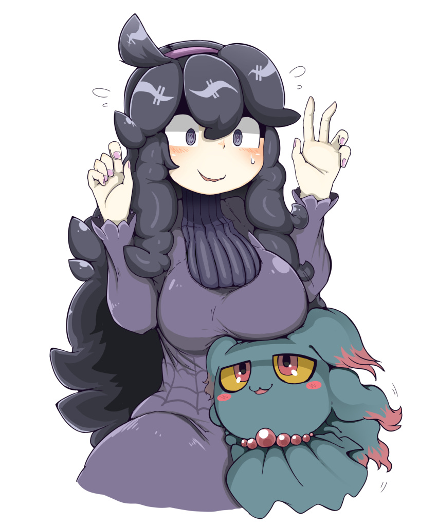 1girl :3 @_@ al_bhed_eyes blush blush_stickers breast_lift breasts gen_2_pokemon hairband hex_maniac_(pokemon) highres large_breasts messy_hair misdreavus pokemon pokemon_(creature) pokemon_(game) pokemon_xy purple_hairband ribbed_sweater sweater tazonotanbo