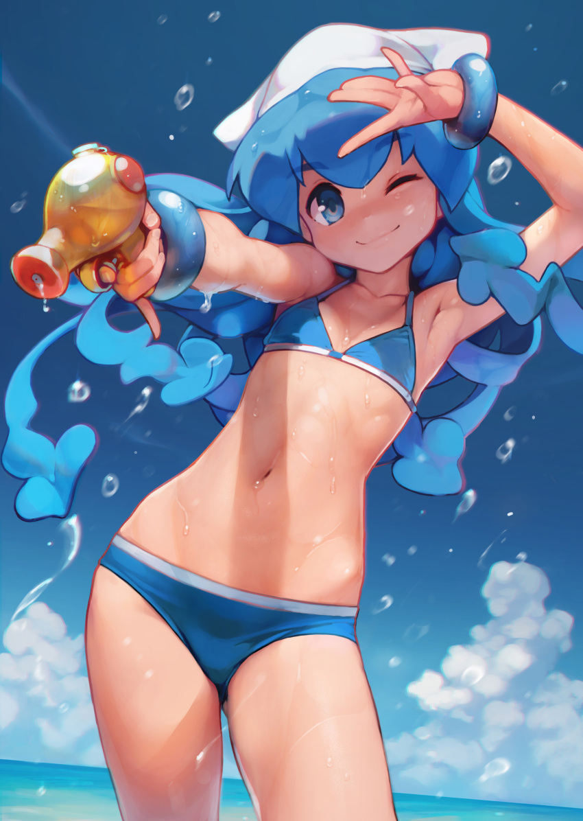 1girl ;) absurdres arm_up armpits ataruman beach bikini blue_bikini blue_eyes blue_hair blue_sky bracelet clouds contrapposto cowboy_shot day dutch_angle eyebrows_visible_through_hair flat_chest gluteal_fold hands_up hat highres horizon ikamusume jewelry long_hair looking_at_viewer navel one_eye_closed outdoors pinky_out shinryaku!_ikamusume sky smile solo squid_hat standing swimsuit tentacle_hair water water_drop water_gun white_hat