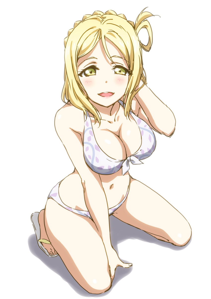1girl :d bikini blonde_hair blush breasts cleavage collarbone full_body hand_in_hair highres kneeling large_breasts long_hair looking_at_viewer love_live! love_live!_sunshine!! nakamura_kou navel ohara_mari open_mouth simple_background sketch smile solo swimsuit white_background white_bikini yellow_eyes