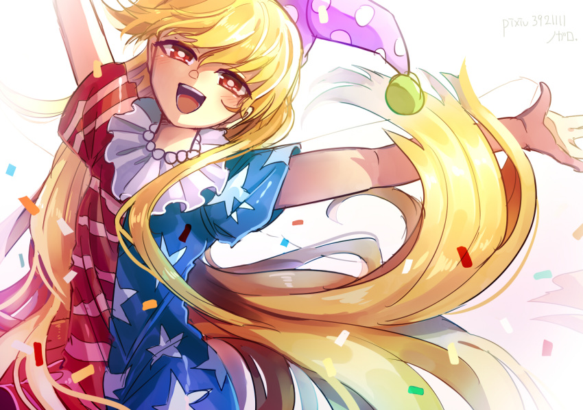 1girl :d american_flag_dress arms_up asuku_(69-1-31) blonde_hair blush clownpiece confetti dress fairy_wings half-closed_eyes hat jester_cap long_hair looking_at_viewer neck_ruff open_mouth outstretched_arms pixiv_id polka_dot_hat print_dress purple_hat red_eyes round_teeth shiny shiny_hair short_sleeves simple_background smile solo teeth touhou upper_body very_long_hair white_background wings