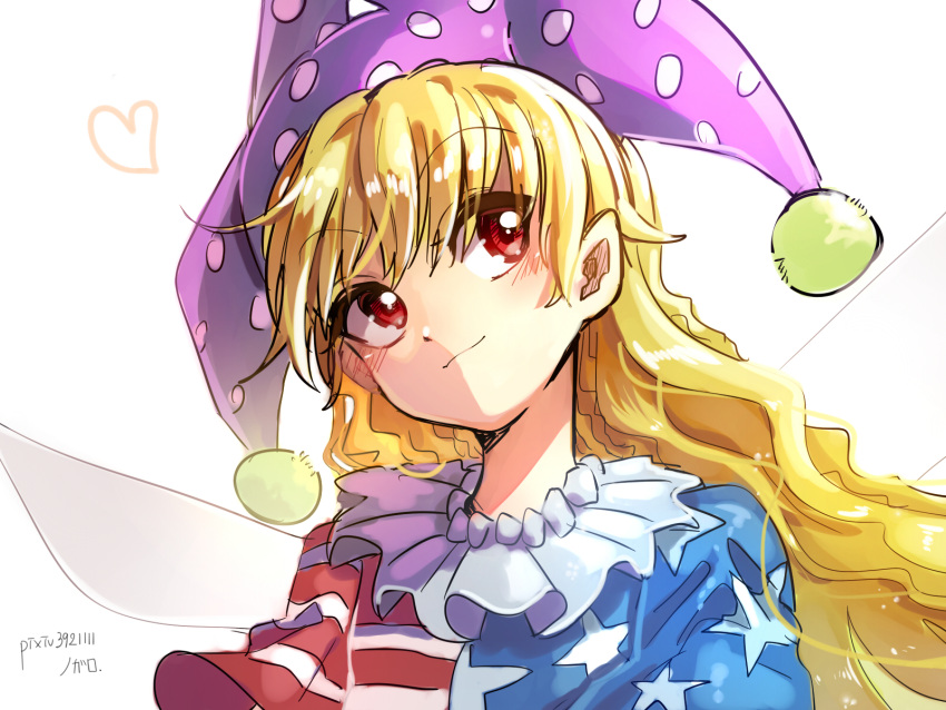1girl american_flag american_flag_print artist_name asuku_(69-1-31) bangs blonde_hair blush closed_mouth clownpiece eyebrows_visible_through_hair fairy_wings flag_print hat heart highres jester_cap long_hair looking_away looking_up neck_ruff pixiv_id polka_dot_hat purple_hat shiny shiny_hair short_sleeves simple_background smile solo tareme touhou upper_body wavy_hair white_background wings