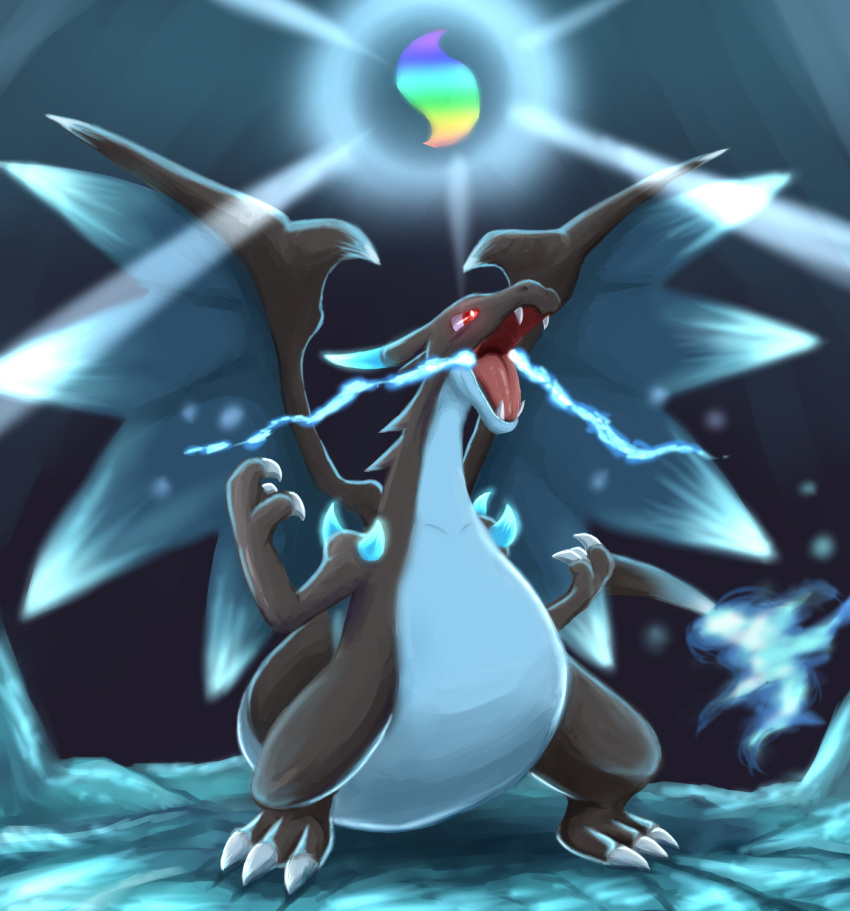 blue_fire charizard claws dragon fire gen_1_pokemon highres mega_charizard_x mega_pokemon no_humans pokemon pokemon_(creature) pokemon_(game) pokemon_xy red_eyes teeth tesshii_(riza4828) wings