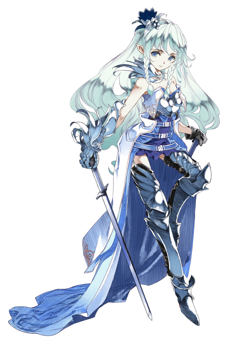 1girl absurdres armor armored_boots armored_dress blue_dress boots breasts dress floating_hair full_body gauntlets green_eyes hand_on_sheath highres himeou_to_saigo_no_kishidan holding holding_sword holding_weapon long_hair looking_down one_leg_raised short_dress silver_hair simple_background sleeveless sleeveless_dress small_breasts solo standing standing_on_one_leg strapless strapless_dress sword thigh-highs thigh_boots very_long_hair weapon white_background