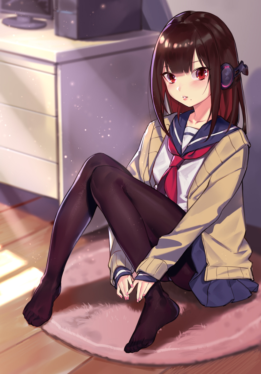 1girl black_legwear blue_skirt blush brown_hair cardigan collarbone full_body grey_shirt headphones highres indoors long_hair looking_at_viewer miniskirt mole mole_under_mouth moyume_(893604064) nail_polish neckerchief open_cardigan open_clothes original pantyhose parted_lips pink_nails pleated_skirt red_eyes red_neckwear school_uniform serafuku shirt sitting skirt solo sweater wooden_floor yellow_sweater