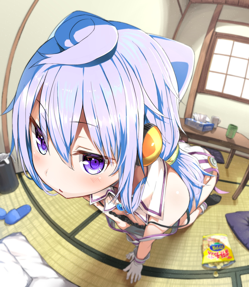 1boy ahoge all_fours bag_of_chips bangs black_legwear black_pillow blush chips closed_eyes commentary_request cup detached_collar fisheye food gloves greatmosu hacka_doll_3 hair_ornament headphones highres indoors jitome long_hair looking_at_viewer male_focus mug no_shoes parted_lips purple_hair slippers solo strap_slip table tissue_box trap trash_can violet_eyes white_gloves window