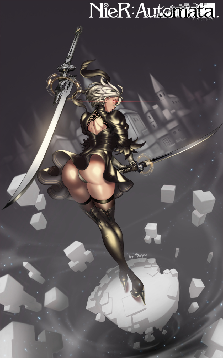 1girl ass back_cutout bent_over black_dress black_hairband block blue_eyes boots building cube dress feather-trimmed_sleeves from_behind glowing glowing_eyes hairband high_heel_boots high_heels highres holding holding_sword holding_weapon jissaga juliet_sleeves legs_crossed leotard long_sleeves looking_back nier_(series) nier_automata no_blindfold pink_lips puffy_sleeves silver_hair sword sword_behind_back thigh-highs thigh_boots thighhighs_under_boots vambraces weapon white_leotard yorha_no._2_type_b