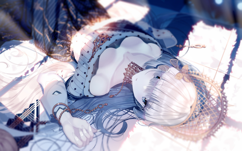 1girl anastasia_(fate/grand_order) arm_up atha_(leejuiping) bangs bare_shoulders blue_eyes blurry blurry_background bracelet breasts commentary_request depth_of_field downblouse dress eyebrows_visible_through_hair eyes_visible_through_hair fate/grand_order fate_(series) hair_over_one_eye highres jewelry long_hair looking_at_viewer lying medium_breasts off-shoulder_dress off_shoulder on_back parted_lips silver_hair solo sunlight very_long_hair white_dress