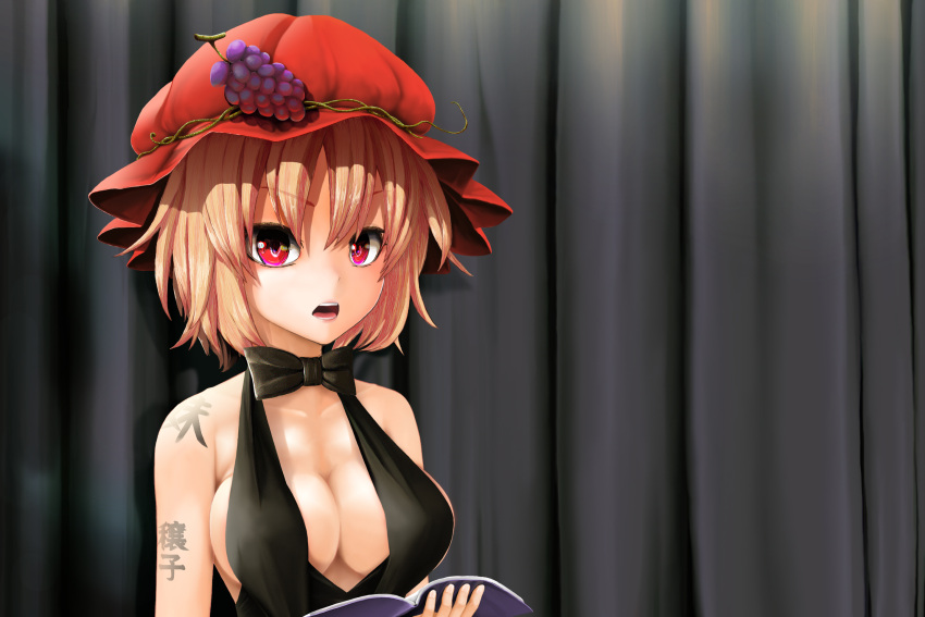 1girl aki_minoriko alternate_costume bangs black_dress black_neckwear blonde_hair body_writing book bow bowtie breasts cleavage collarbone curtains dress eyebrows_visible_through_hair food fruit grapes hat highres holding holding_book looking_at_viewer medium_breasts mob_cap open_book open_mouth red_hat shiny shiny_hair short_hair sleeveless sleeveless_dress sob_hai solo touhou upper_body v-shaped_eyebrows