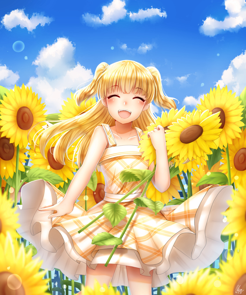 1girl :d ^_^ arm_at_side bangs bare_arms bare_shoulders blonde_hair blue_sky blunt_bangs blush carrying closed_eyes clouds collarbone day dress eyebrows_visible_through_hair facing_viewer field flower flower_field hair_blowing highres idolmaster idolmaster_cinderella_girls jougasaki_rika light_particles long_hair nuemi_(namja2012) open_mouth outdoors petticoat plaid plaid_dress short_twintails sky smile solo summer sundress sunflower twintails wind wind_lift