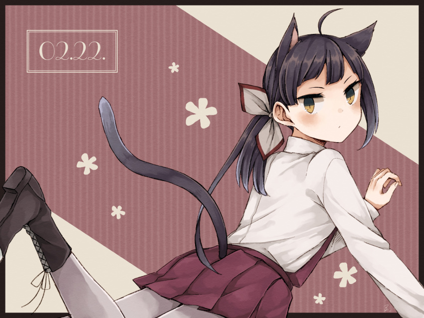 1girl animal_ears arm_support bangs black_border black_footwear black_hair blush boots border cat_day cat_ears cat_tail closed_mouth cross-laced_footwear dated expressionless from_behind fujinami_(kantai_collection) grey_legwear hair_ribbon highres kantai_collection kemonomimi_mode knee_boots lace-up_boots leg_up long_hair long_sleeves looking_at_viewer looking_back lying miroku_san-ju on_stomach pantyhose purple_skirt ribbon shirt side_ponytail skirt solo striped striped_background tail tsurime vertical-striped_background vertical_stripes white_ribbon white_shirt