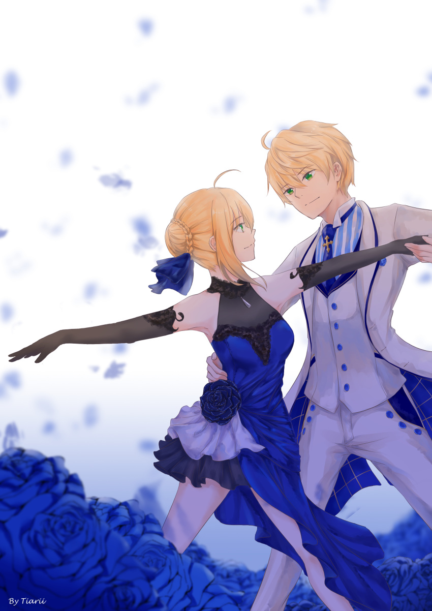 1boy 1girl absurdres ahoge artist_name artoria_pendragon_(all) black_gloves blonde_hair blue_dress blue_flower blue_neckwear blue_ribbon breasts dancing dress elbow_gloves eye_contact eyebrows_visible_through_hair fate_(series) flower formal gloves green_eyes hair_between_eyes hair_ribbon hand_on_another's_hip highres looking_at_another medium_breasts necktie outstretched_arms pants ribbon saber saber_(fate/prototype) short_hair_with_long_locks sidelocks sleeveless sleeveless_dress smile striped tiarii_art vertical_stripes white_background white_pants
