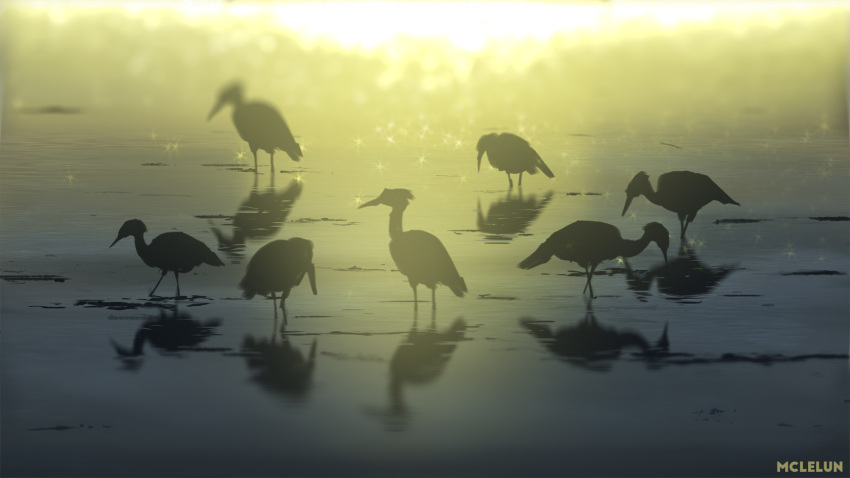 bird commentary crane_(animal) day english_commentary glint highres making_of mclelun no_humans original outdoors reflection scenery signature sunlight twilight water