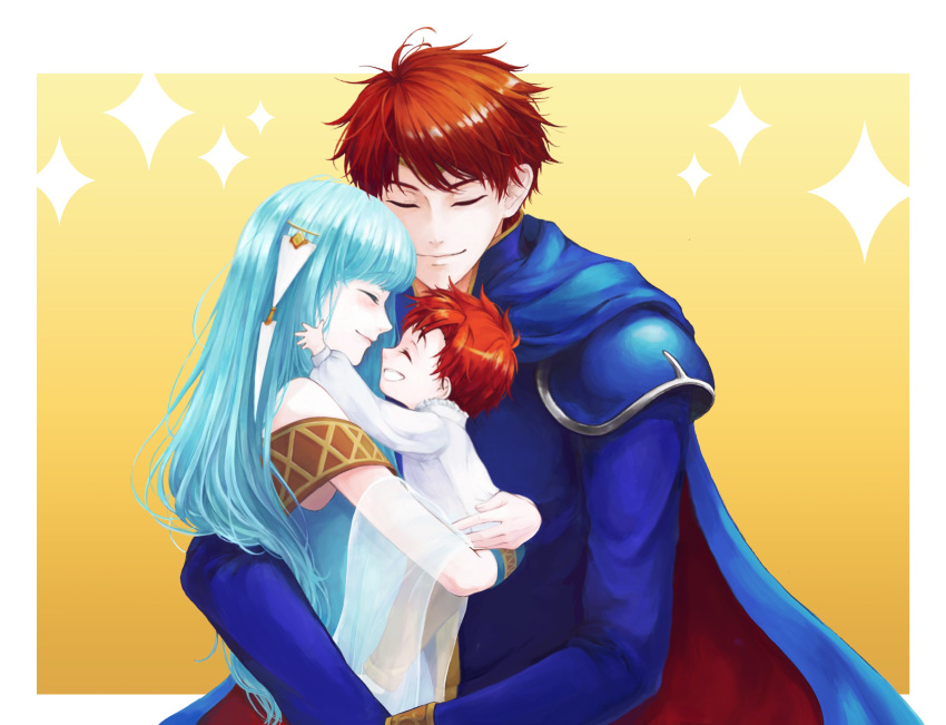 1girl 2boys absurdres artist_request blue_hair cape closed_eyes dress eliwood_(fire_emblem) father_and_son fire_emblem fire_emblem:_fuuin_no_tsurugi fire_emblem:_rekka_no_ken fire_emblem_heroes headband highres long_hair mamkute mother_and_son multiple_boys redhead roy_(fire_emblem) short_hair smile younger