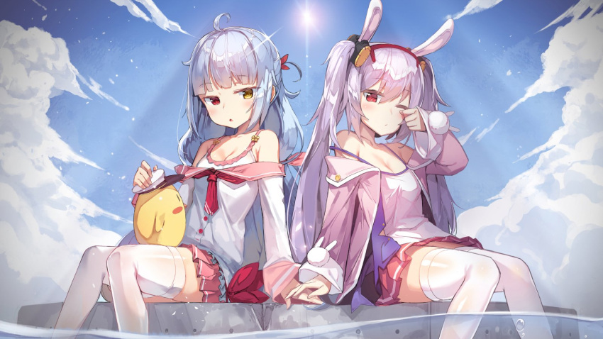 2girls :&lt; ahoge animal_ears azur_lane bangs blue_hair blue_sky blunt_bangs breasts camisole cleavage commentary_request day eyebrows_visible_through_hair fake_animal_ears hairband hand_holding heterochromia highres laffey_(azur_lane) long_hair long_sleeves looking_at_viewer low_twintails mole mole_under_eye multiple_girls newey nicholas_(azur_lane) off_shoulder one_eye_closed parted_lips pleated_skirt purple_hair rabbit_ears red_eyes sailor_collar sailor_shirt shirt sitting skirt sky sleeves_past_wrists small_breasts soaking_feet strap_slip thigh-highs triangle_mouth twintails white_legwear yellow_eyes zettai_ryouiki