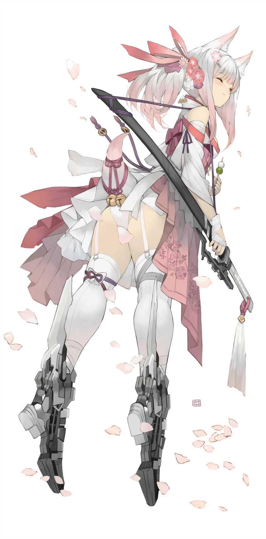 1girl absurdres animal_ears bell cherry_blossoms closed_eyes dango flower food fox_ears fox_tail garter_straps hair_flower hair_ornament highres japanese_clothes katana kimono kimono_skirt multicolored_hair original panties pink_hair rayvon skirt sword tail thigh-highs underwear wagashi weapon white_hair white_panties