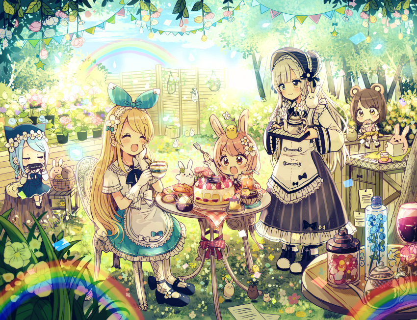4girls :d ^_^ absurdres alice_(wonderland) alice_in_wonderland animal animal_ears animal_hat ankle_bow ankle_ribbon ankle_strap apron argyle argyle_legwear bangs basket bear_ears bird black_footwear black_hair black_neckwear blonde_hair blue_neckwear blue_ribbon blue_skirt bonnet bow brown_eyes brown_hair bunny_on_shoulder cake cat_hat chair chick chick_on_head closed_eyes commentary_request cup day dress eating elbow_gloves eyebrows_visible_through_hair fangs flower food fork frilled_dress frilled_sleeves frills gloves grey_hair hair_flower hair_ornament hair_ribbon hairband hand_on_own_face harmonica hat head_wreath highres holding holding_cup holding_tray huge_filesize instrument jewelry long_hair long_sleeves multiple_girls music neck_ribbon open_mouth original outdoors pendant pink_eyes pink_flower pink_hair plant playing_instrument potted_plant pudding rabbit rabbit_ears rainbow ribbon sailor_collar sakura_oriko short_hair short_sleeves side_braids sitting skirt smile standing string_of_flags table teacup teapot tray tree tree_stump v-shaped_eyebrows white_flower white_gloves