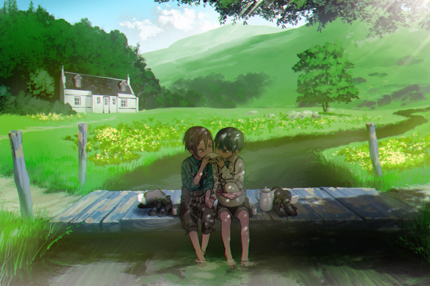 2boys alternate_costume bangs barefoot black_footwear black_hair black_hat blue_eyes blue_sky bridge child clouds cloudy_sky collared_shirt commentary_request couple cup dappled_sunlight day dress_shirt eating field flower flower_field food free! german_clothes grass green_shirt hair_between_eyes hana_bell_forest hand_holding hand_up hat hat_feather hat_removed headwear_removed hill holding holding_food house lederhosen light_rays long_sleeves male_focus matsuoka_rin multiple_boys nanase_haruka_(free!) nature necktie open_mouth outdoors path picnic picnic_basket raised_eyebrows red_eyes redhead river riverbank road rock shared_food shirt shoes_removed sitting sky sleeves_rolled_up soaking_feet socks_removed sunbeam sunlight teacup teapot tree tree_shade under_tree white_shirt wing_collar wooden_bridge yaoi younger