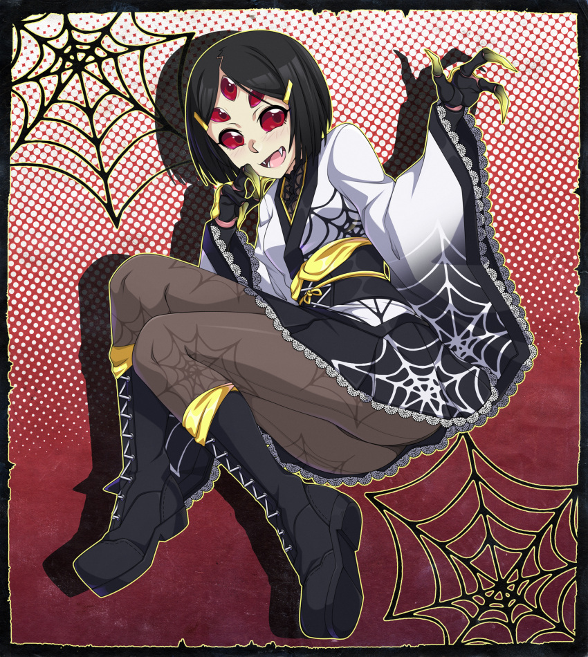 1girl bangs black_hair boots brown_legwear carapace claws commentary cross-laced_footwear english_commentary extra_eyes fangs full_body hair_ornament hairclip highres insect_girl japanese_clothes jorougumo knee_boots lace-up_boots lace_trim legs_together miniskirt monster_girl no_pupils obi original panties panties_under_pantyhose pantyhose parted_bangs petite polka_dot polka_dot_background print_legwear red_eyes sash seamed_legwear skirt socks solid_eyes solo spider_girl spider_web_print spike_wible underwear wide_sleeves yellow_legwear