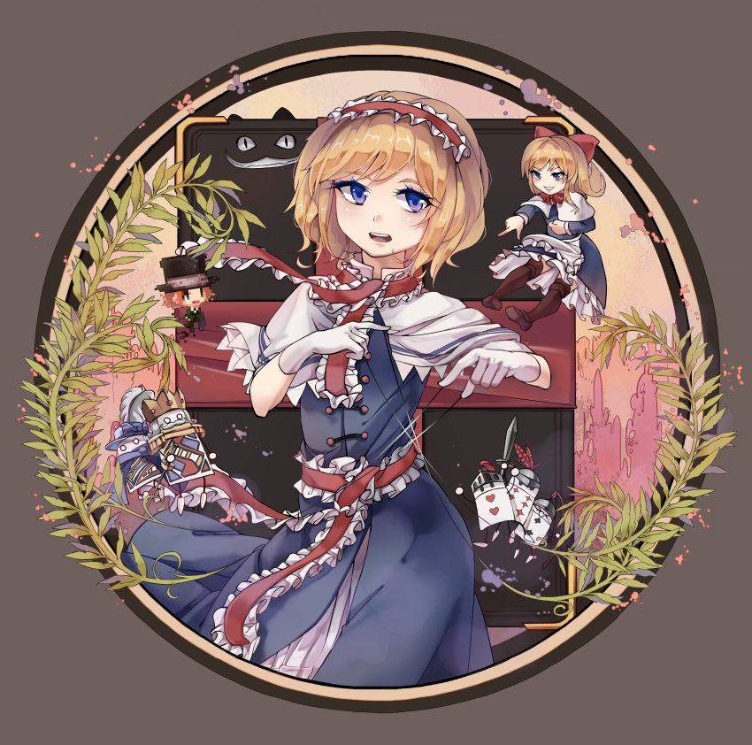 &gt;o&lt; 1girl absurdres alice_in_wonderland alice_margatroid apron arms_up asymmetrical_bangs bangs black_border black_hat blonde_hair blue_bow blue_dress blue_eyes border bow bowtie capelet card character_request chinese_commentary clenched_teeth commentary_request cowboy_shot crown diamond_(symbol) dress epaulettes evil_grin evil_smile eyebrows_visible_through_hair eyelashes facial_hair floating frilled_apron frilled_dress frilled_hairband frilled_sash frills grey_background grin hair_bow hairband hand_on_own_stomach hat hat_bow hat_feather heart helmet highres holding holding_sword holding_weapon long_hair looking_afar looking_at_viewer mad_hatter matching_shanghai mofashi_beibei mustache open_mouth parted_bangs petticoat pigeon-toed pixelated pixels plant playing_card pointing pointing_forward rapier red_bow red_hairband red_neckwear red_sash red_scarf sash scarf shanghai_doll short_hair slit_pupils smile solo spade_(shape) string sword teeth tongue top_hat touhou two-tone_background upper_teeth waist_apron weapon |_|