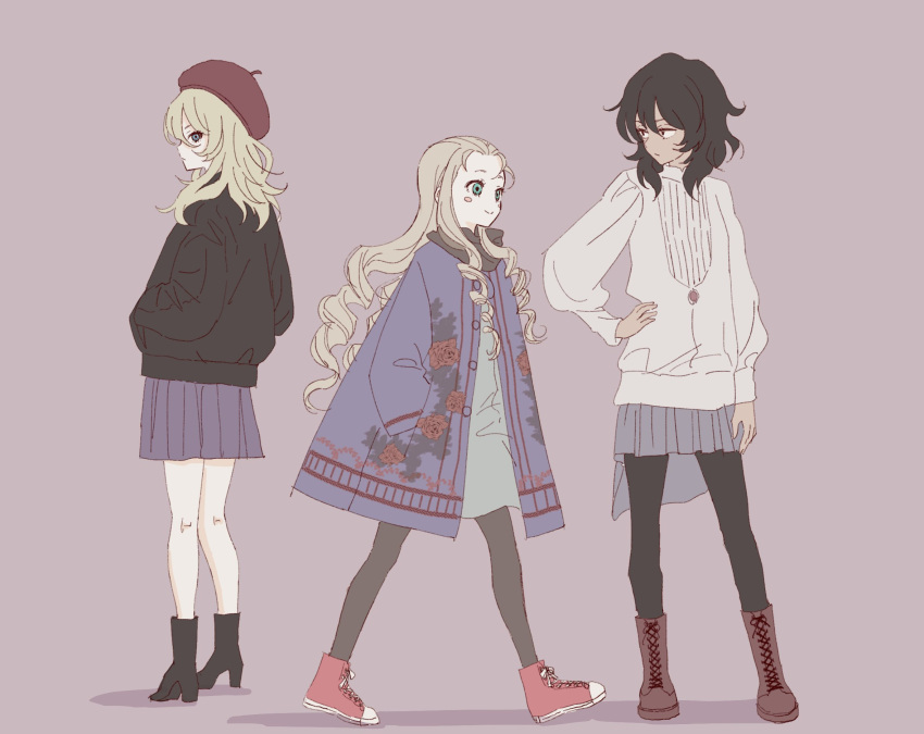 3girls andou_(girls_und_panzer) beret black_footwear black_hair black_jacket black_legwear blonde_hair blue_coat blue_eyes blue_skirt blush_stickers boots brown_background brown_eyes brown_footwear casual closed_mouth commentary cross-laced_footwear dark_skin dress dress_shirt drill_hair english_commentary floral_print flower from_behind from_side frown girls_und_panzer green_dress green_eyes grey_skirt hand_on_hip hands_in_pockets hat high_heel_boots high_heels highres inumoto jacket kneepits lace-up_boots long_hair long_sleeves looking_at_another looking_at_viewer looking_back looking_to_the_side marie_(girls_und_panzer) medium_hair miniskirt multiple_girls oshida_(girls_und_panzer) pantyhose pleated_skirt red_footwear red_hat rose shirt shoes simple_background skirt smile sneakers standing white_shirt