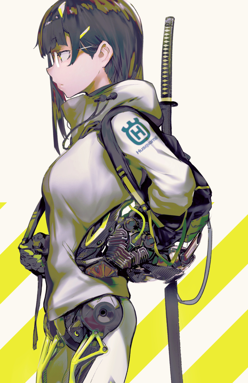 1girl absurdres afukuro android bangs black_hair closed_mouth cowboy_shot engine expressionless eyebrows_visible_through_hair from_side glasses highres hood hoodie jacket katana long_hair mecha_musume original profile sheath sheathed sidelocks solo sword weapon weapon_on_back