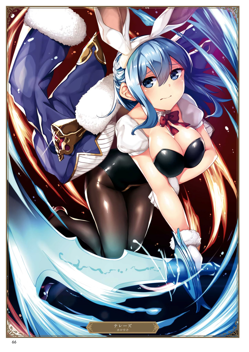 1girl animal_ears artist_name black_legwear black_leotard blue_eyes blue_hair breasts card_(medium) character_name cleavage fake_animal_ears floating_hair gloves granblue_fantasy hair_between_eyes hairband highres holding holding_sword holding_weapon horosuke_(toot08) large_breasts leotard long_hair looking_at_viewer page_number pantyhose rabbit_ears shiny shiny_clothes solo strapless strapless_leotard sword therese_(granblue_fantasy) weapon white_gloves white_hairband