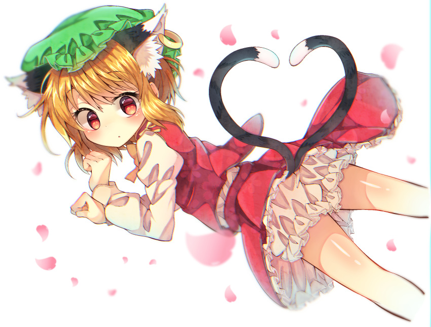 1girl :o alternate_hair_color animal_ears bangs blonde_hair bloomers blurry blush cat_ears cat_tail chen commentary_request cropped_legs depth_of_field extra_ears eyebrows_visible_through_hair frilled_skirt frills from_side green_hat hat heart heart_tail high_collar highres jewelry juliet_sleeves long_sleeves looking_at_viewer lying mob_cap multiple_tails on_stomach paw_pose petals petticoat puffy_sleeves red_eyes red_skirt red_vest seika_okawari shiny shiny_hair shiny_skin shirt short_hair simple_background single_earring skirt sleeve_cuffs solo star tail tareme thighs touhou two_tails underwear vest white_background white_shirt