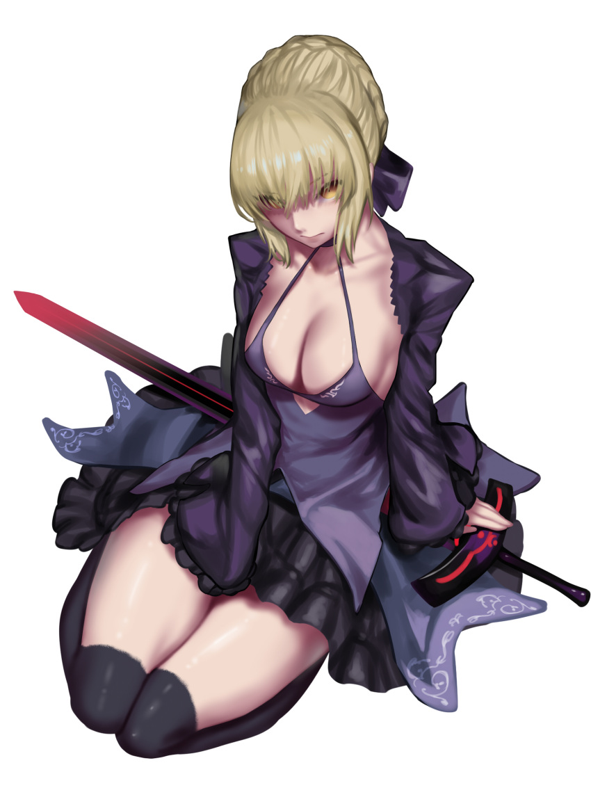 1girl absurdres artoria_pendragon_(all) back_cutout bangs black_dress black_legwear black_ribbon blonde_hair braid breasts cleavage closed_mouth collarbone commentary dark_excalibur dress eyebrows_visible_through_hair fate/grand_order fate_(series) french_braid frilled_sleeves frills full_body gothic_lolita hair_bun hair_over_eyes hair_ribbon hand_on_hilt highres kumiko_shiba lolita_fashion long_sleeves looking_at_viewer medium_breasts puffy_long_sleeves puffy_sleeves ribbon saber_alter short_hair sidelocks simple_background sitting sleeves_past_wrists solo sword thigh-highs wariza weapon white_background yellow_eyes