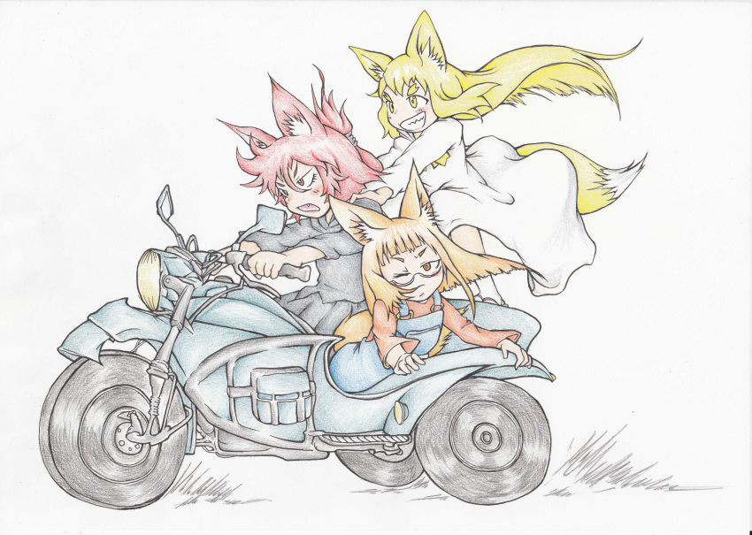 3girls absurdres animal_ears bangs blonde_hair blunt_bangs commentary_request doitsuken dress driving fang fox_ears fox_tail from_side grey_shirt grey_skirt grin ground_vehicle highres long_hair long_sleeves motor_vehicle motorcycle multiple_girls one_eye_closed open_mouth orange_eyes orange_hair original overalls red_eyes red_shirt redhead scan semi-rimless_eyewear shirt sidecar skirt smile tail thick_eyebrows tied_hair traditional_media under-rim_eyewear white_dress yellow_eyes