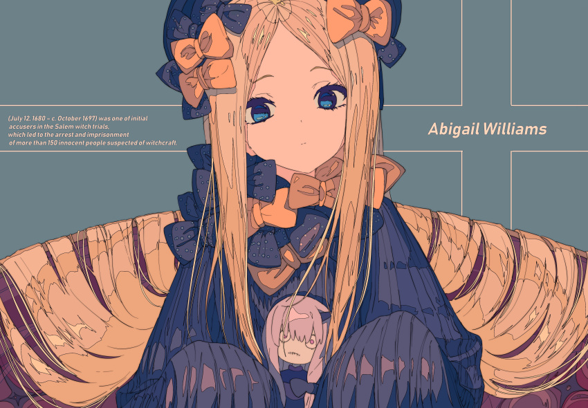 1girl abigail_williams_(fate/grand_order) absurdres bangs black_bow black_dress black_hat blonde_hair blue_eyes bow character_doll character_request closed_mouth commentary_request doll dress english fate/grand_order fate_(series) forehead hair_bow hat head_tilt highres holding holding_doll kogecha_(coge_ch) lavinia_whateley_(fate/grand_order) long_hair long_sleeves looking_at_viewer orange_bow parted_bangs polka_dot polka_dot_bow sleeves_past_fingers sleeves_past_wrists solo very_long_hair