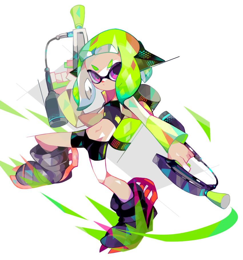 1girl amakusa_(hidorozoa) ankle_boots bike_shorts boots closed_mouth dual_wielding finger_on_trigger green_hair gun highres holding holding_gun holding_weapon inkling legs_apart long_sleeves looking_at_viewer midriff multicolored_hair navel paint_gun paint_splatter solo splatoon splatoon_2 sports_bra standing v-shaped_eyebrows violet_eyes weapon