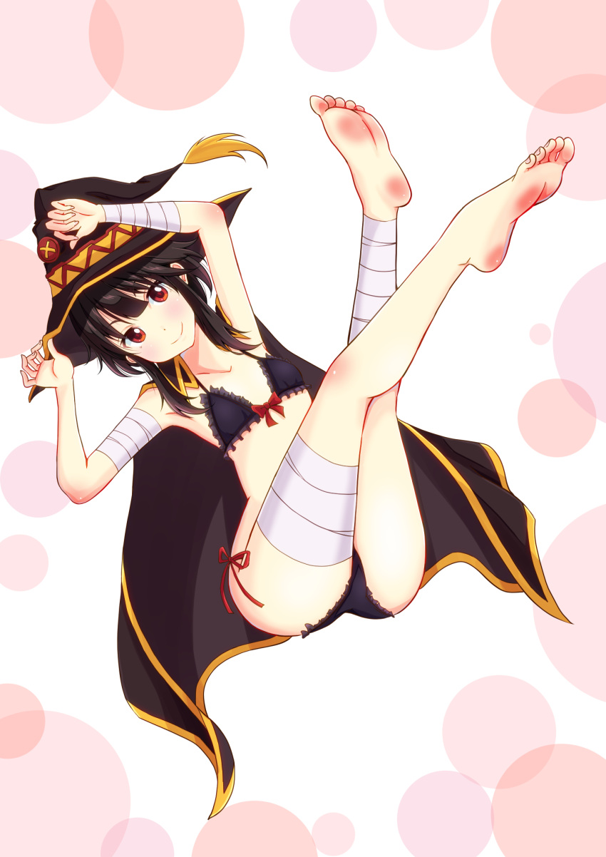 1girl adjusting_clothes adjusting_hat ass bandage bandaged_arm bandaged_leg barefoot bikini black_bikini black_hair cloak flat_chest frilled_bikini frills full_body hat highres kono_subarashii_sekai_ni_shukufuku_wo! leafar legs_together legs_up looking_at_viewer megumin red_eyes short_hair side-tie_bikini sidelocks smile solo swimsuit witch_hat