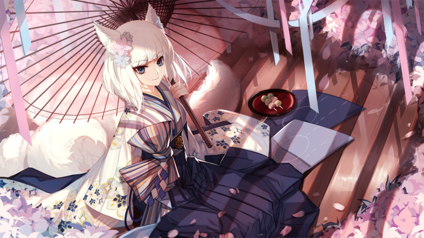 1girl animal_ears azur_lane bangs blue_eyes blue_hakama blunt_bangs cherry_blossoms dango day eyebrows_visible_through_hair floral_print food fox_ears fox_tail hakama highres holding holding_umbrella japanese_clothes kaga_(azur_lane) kimono kitsune long_sleeves multiple_tails oriental_umbrella print_kimono sanshoku_dango short_hair silver_hair sitting skade solo spring_(season) striped striped_kimono sunlight tail tray tsurime umbrella wagashi wide_sleeves