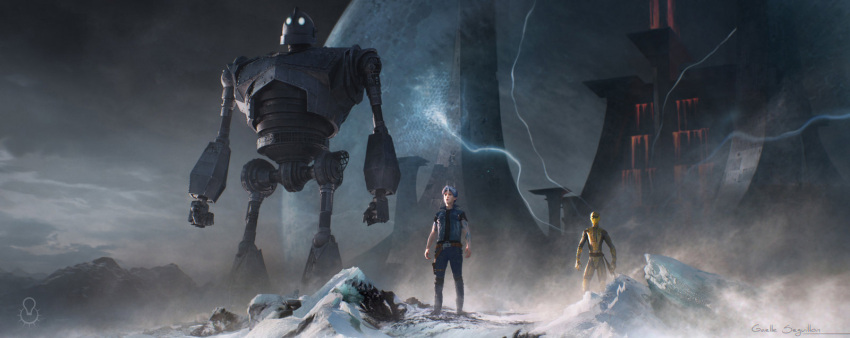 2boys castle clouds energy energy_field glowing glowing_eyes highres iron_giant_(mecha) mecha mountain multiple_boys ninja official_art parzival production_art ready_player_one realistic science_fiction shoto signature snow spoilers the_iron_giant wade_owen_watts