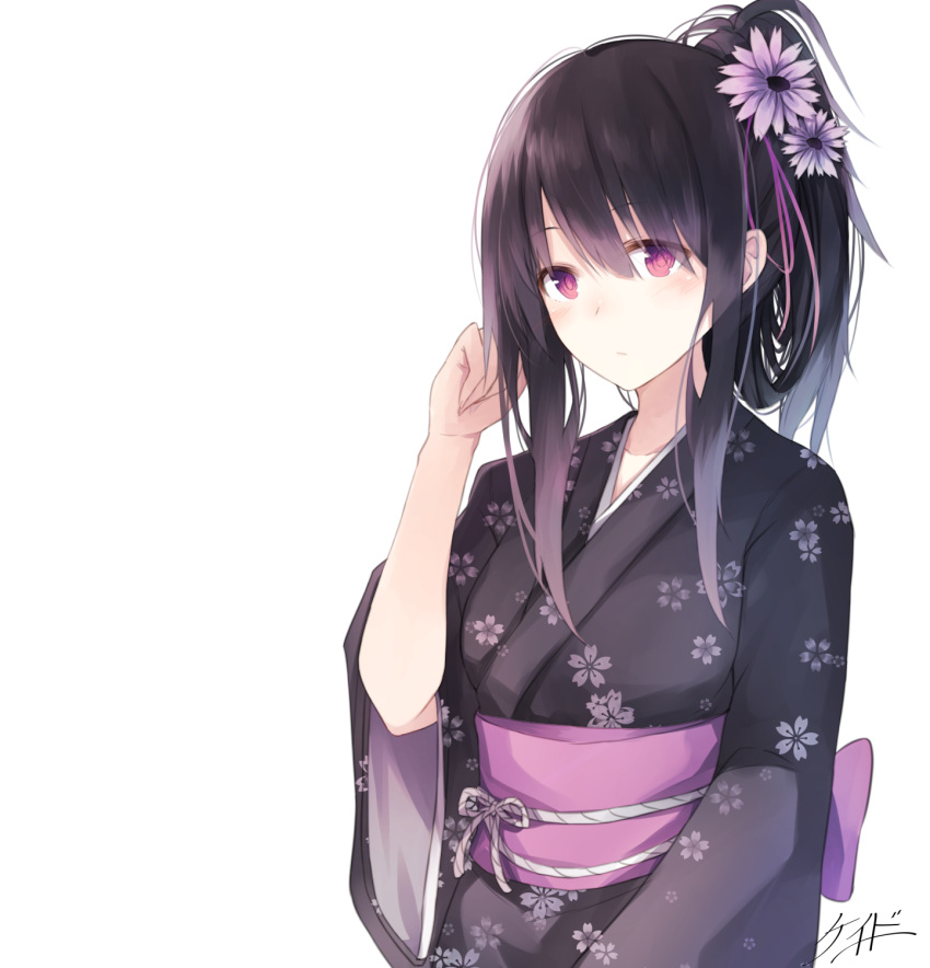 1girl black_hair black_kimono blush closed_mouth floral_print flower gradient_hair hair_flower hair_ornament hair_rings hand_in_hair highres japanese_clothes keid kimono long_hair long_sleeves looking_at_viewer multicolored_hair obi original ponytail print_kimono purple_flower purple_hair sash sidelocks signature simple_background solo upper_body violet_eyes white_background wide_sleeves