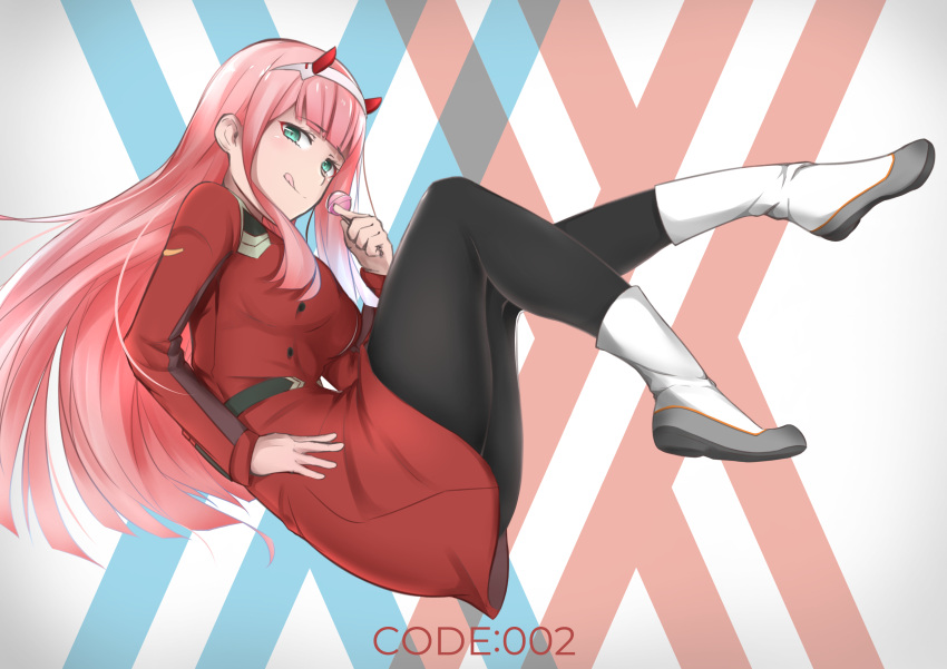 1girl absurdres aqua_eyes bangs black_legwear boots candy darling_in_the_franxx eyebrows_visible_through_hair floating food hairband hand_on_hip highres holding holding_food horns lollipop long_hair mr2d pantyhose pilot_suit pink_hair solo tongue tongue_out white_footwear white_hairband zero_two_(darling_in_the_franxx)