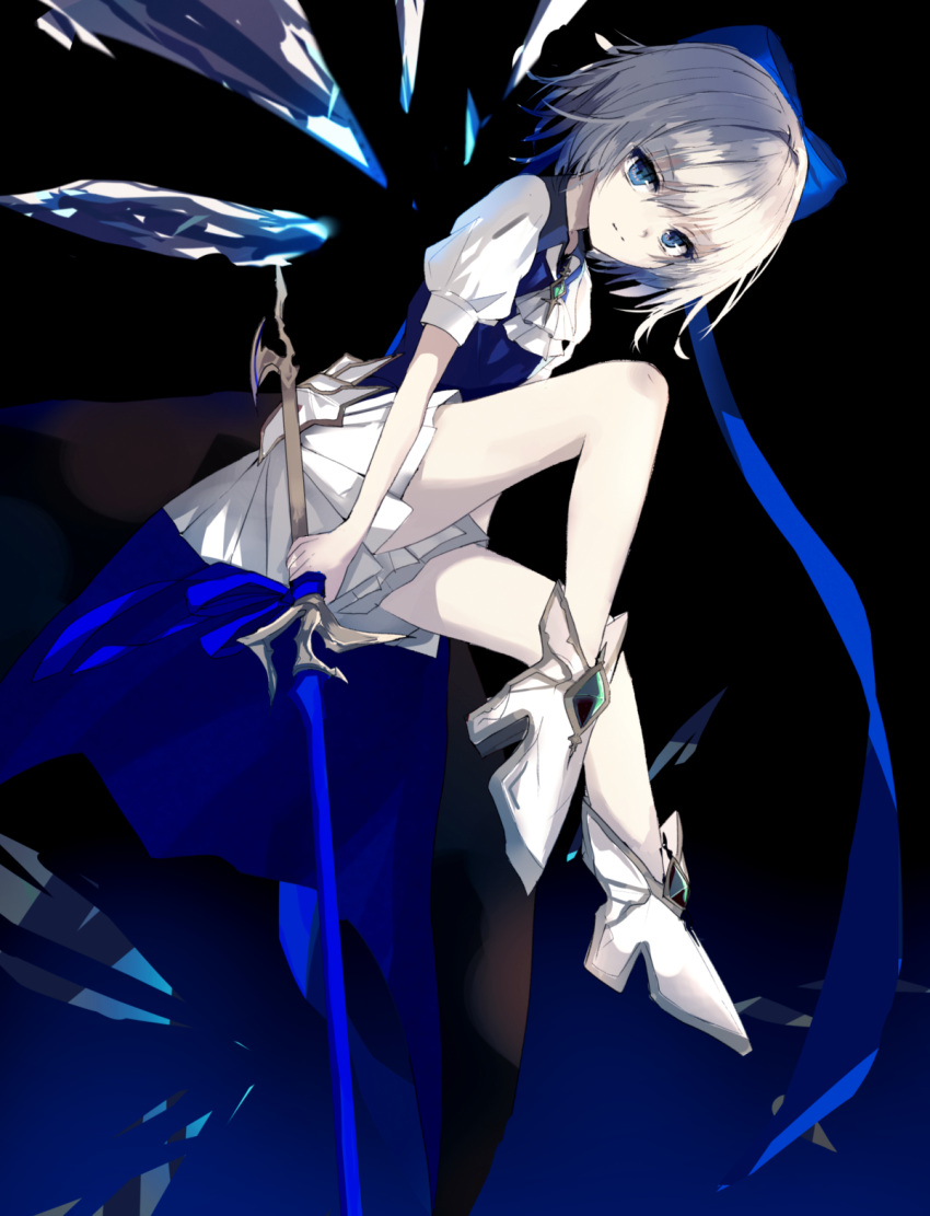 1girl beckzawachi blue_bow blue_eyes bow cirno eyebrows_visible_through_hair hair_bow high_heels highres holding holding_sword holding_weapon invisible_chair looking_at_viewer miniskirt pleated_skirt short_hair short_sleeves silver_hair sitting skirt solo sword touhou tuxedo weapon white_footwear white_neckwear white_skirt