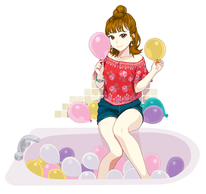 1girl balloon bangs bathtub bead_bracelet beads blue_shorts bracelet brown_eyes brown_hair chu_kai_man faucet floral_print hair_bun highres holding_balloon jewelry long_hair looking_at_viewer photo-referenced print_shirt real_life red_shirt seiyuu shirt short_sleeves shorts sitting smile solo takatsuki_kanako transparent_background