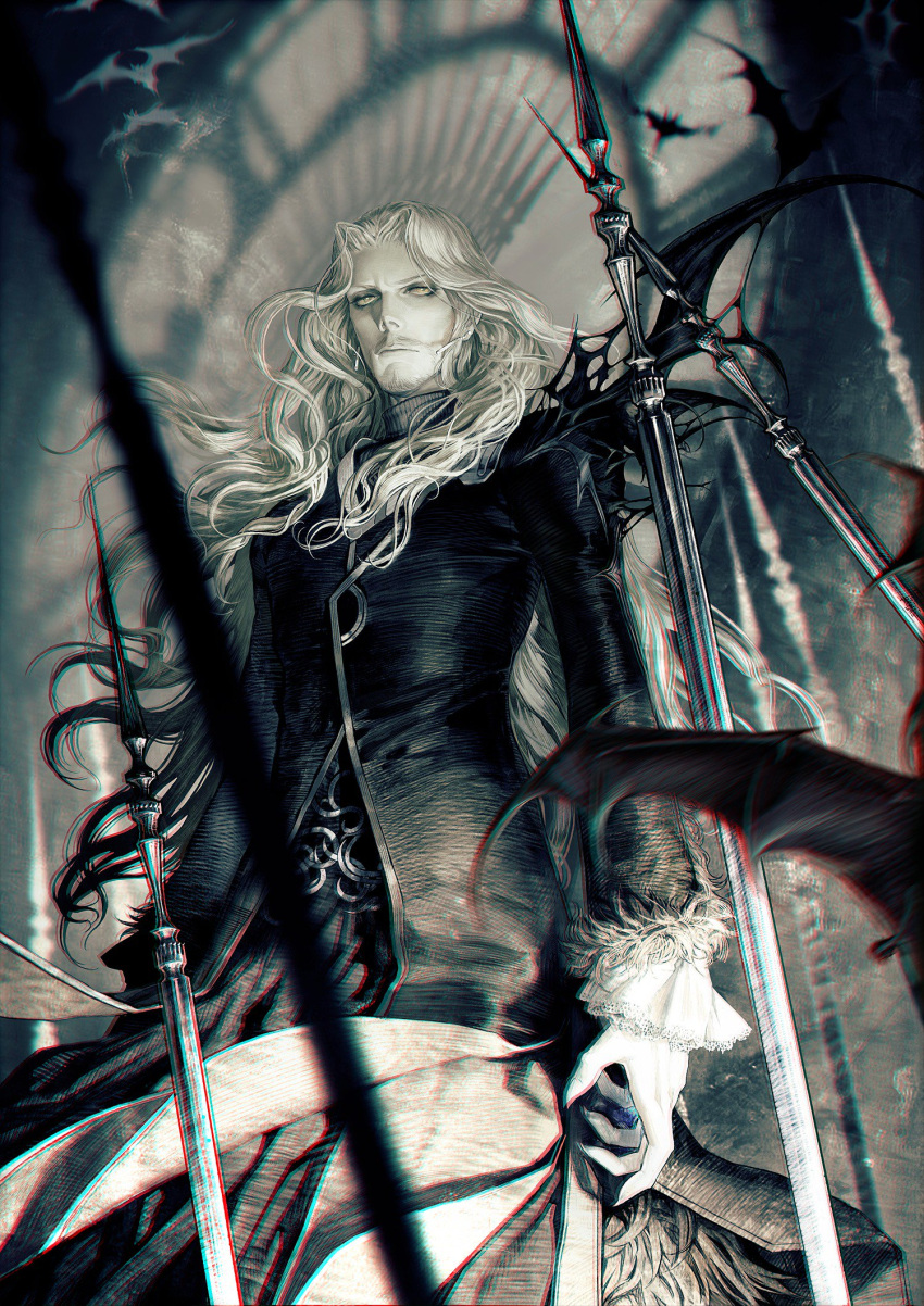 1boy baharux beard earrings facial_hair fate/apocrypha fate_(series) floating_hair from_below highres jewelry long_hair looking_at_viewer male_focus silver_hair solo standing sword very_long_hair vlad_iii_(fate/apocrypha) weapon
