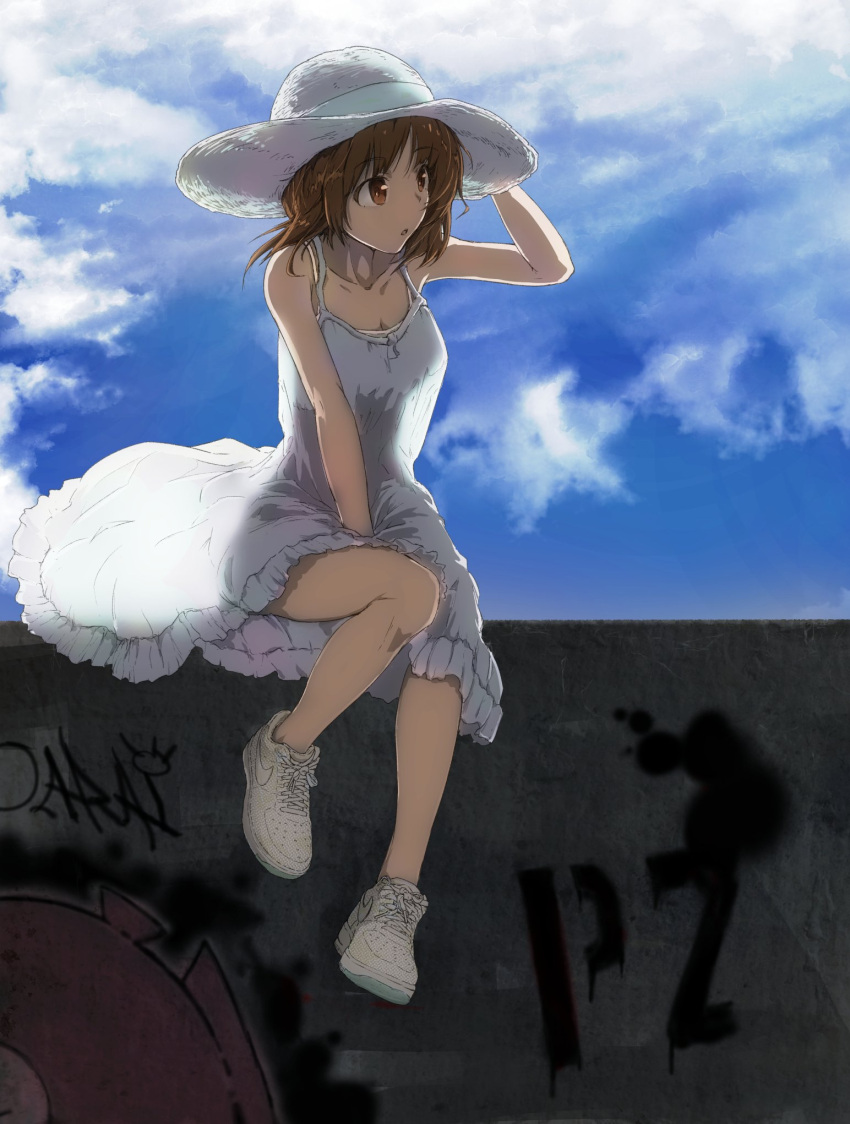 1girl anglerfish bangs brown_eyes brown_hair casual clouds cloudy_sky cross-laced_footwear day dress dress_tug emblem eyebrows_visible_through_hair frilled_dress frills full_body girls_und_panzer goripan graffiti hat highres looking_to_the_side medium_dress nishizumi_miho no_legwear outdoors parted_lips shoes short_hair sitting sky sneakers solo sun_hat sundress wall white_dress white_footwear white_hat wind