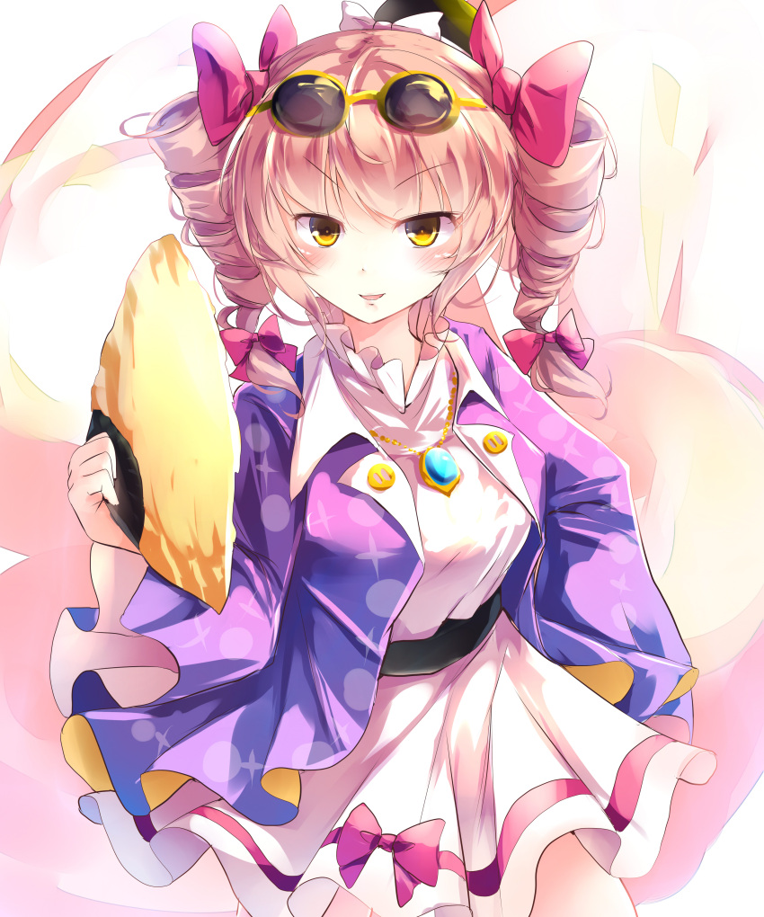 1girl absurdres blush bow drill_hair eyebrows_visible_through_hair eyewear_on_head fan hair_bow highres jewelry kanzakietc looking_at_viewer necklace pink_bow smile solo sunglasses touhou twin_drills twintails v-shaped_eyebrows wide_sleeves yellow_eyes yorigami_jo'on