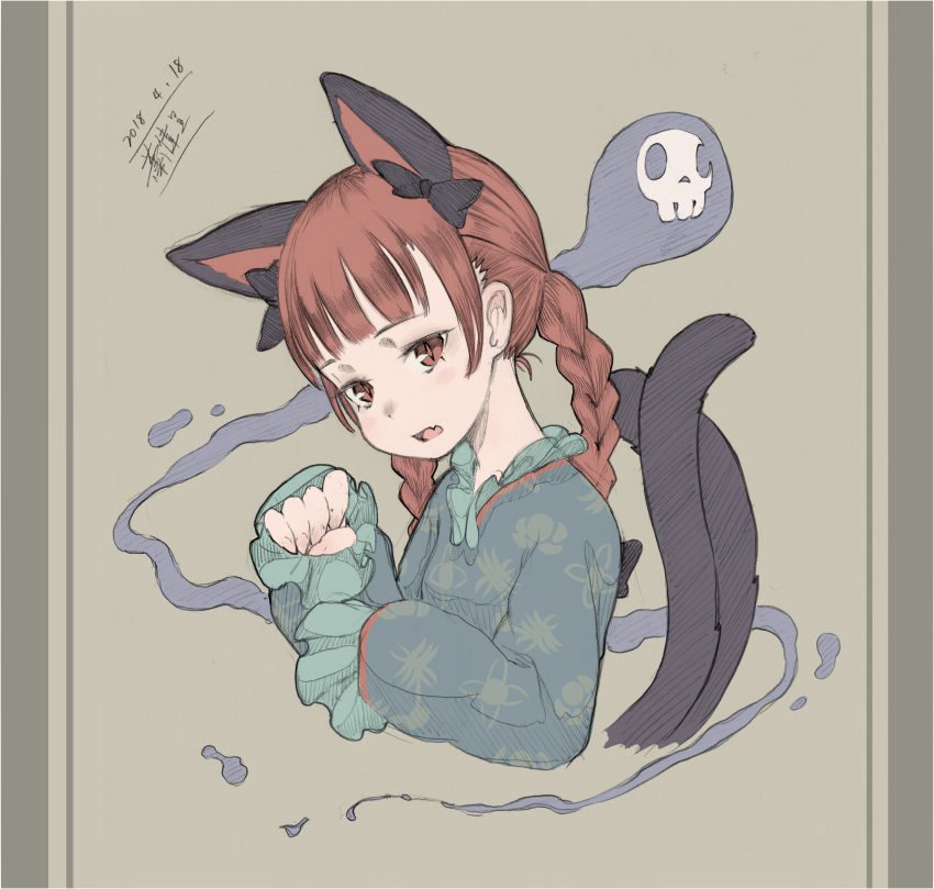 1girl 2018 absurdres animal_ears bangs black_ribbon blunt_bangs braid breasts cat_ears cat_tail commentary_request cropped_tail cropped_torso dated dress extra_ears eyebrows eyelashes fang fingernails frilled_sleeves frills from_side graphite_(medium) green_dress grey_background hair_ribbon head_down highres jitome kaenbyou_rin line_shading looking_at_viewer multiple_tails open_clothes outline paw_pose red_eyes redhead ribbon sharp_fingernails skull sleeves_past_wrists slit_pupils small_breasts solo spirit tail touhou traditional_media twin_braids two_tails upper_body wei_cheng