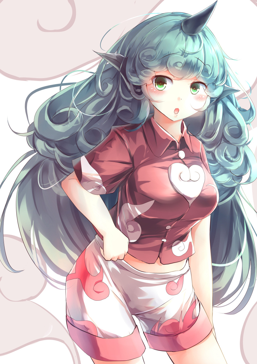 1girl :o absurdres aqua_hair bent_elbow blush breasts collared_shirt commentary_request contrapposto cowboy_shot curly_hair ears eyebrows_visible_through_hair green_eyes heart heart_print highres horn kanzakietc kariyushi_shirt komano_aun large_breasts long_hair looking_at_viewer midriff red_shirt shirt short_sleeves shorts solo standing touhou white_background white_shorts