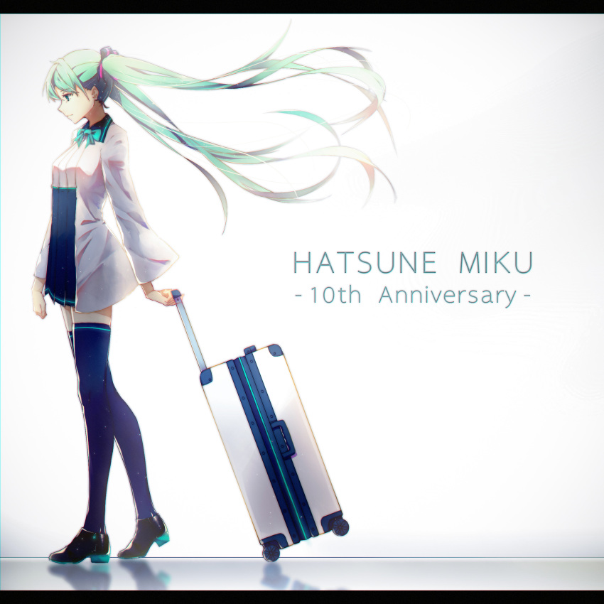 1girl absurdres aqua_bow aqua_neckwear black_footwear blue_legwear blue_skirt bow bowtie character_name floating_hair from_side green_eyes green_hair hair_ornament hatsune_miku high-waist_skirt highres jacket long_hair looking_down miniskirt open_clothes open_jacket pleated_skirt rolling_suitcase shirt shoes simple_background skirt solo standing striped thigh-highs twintails vertical_stripes very_long_hair vocaloid walking white_background white_jacket white_shirt xy_(pixiv8783776) zettai_ryouiki