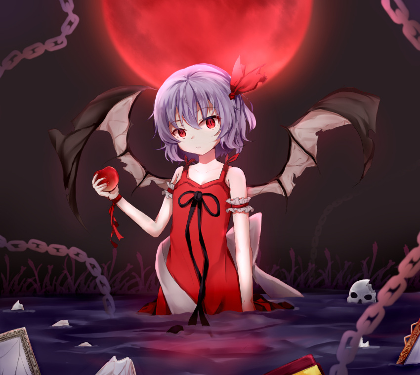 1girl arm_strap black_ribbon black_wings breasts chains cleavage dress eyebrows_visible_through_hair food fruit full_moon hair_between_eyes hanen_(borry) head_tilt highres holding holding_fruit moon night outdoors purple_hair red_dress red_moon red_ribbon remilia_scarlet ribbon short_hair skull sleeveless sleeveless_dress small_breasts solo standing torn_wings touhou wading wings wrist_ribbon