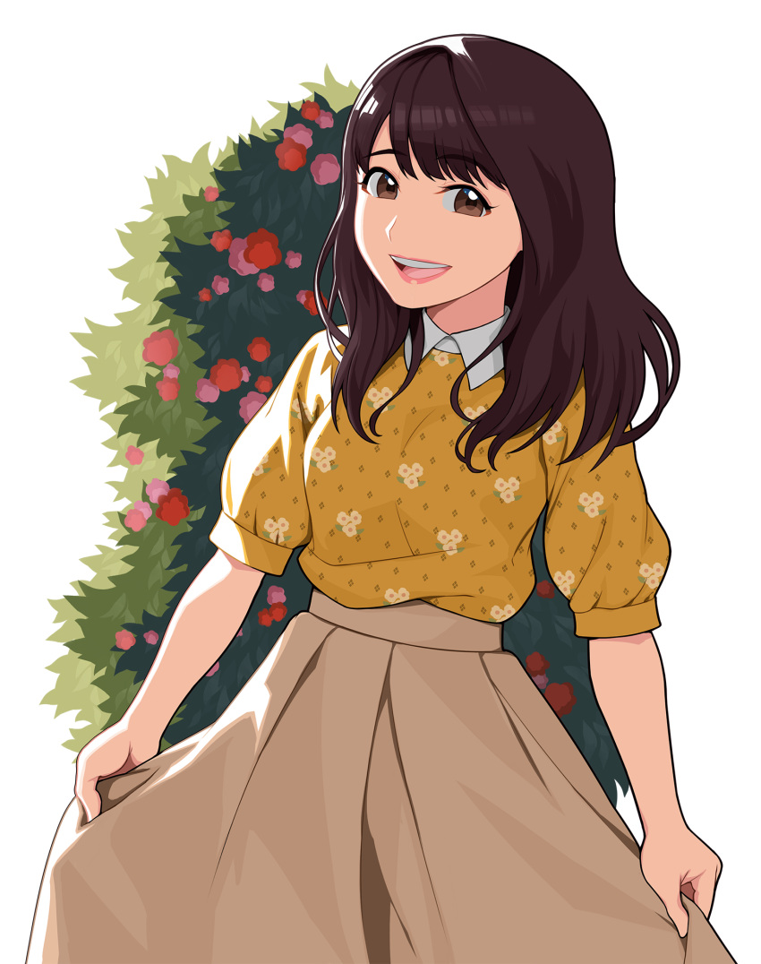 1girl :d aida_rikako bangs beige_skirt brown_eyes brown_hair bush chu_kai_man collared_shirt commentary_request eyebrows_visible_through_hair floral_print flower highres long_hair looking_at_viewer open_mouth photo-referenced real_life seiyuu shirt skirt_hold smile solo transparent_background yellow_shirt