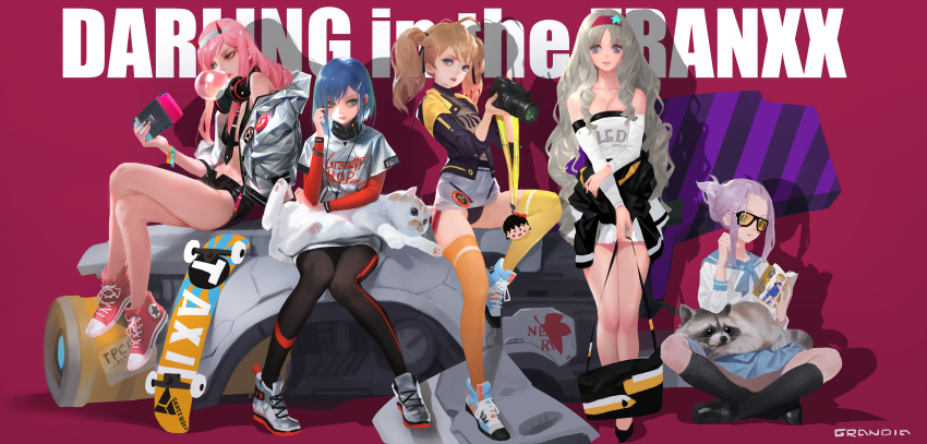 5girls absurdres ahoge bare_legs bikini_top black-framed_eyewear black_panties blue_eyes blue_hair breasts brown_hair cat chewing_gum cleavage closed_mouth clothes_around_waist copyright_name copyright_request darling_in_the_franxx grandialee green_eyes hair_ornament hairband hairclip headphones headphones_around_neck highres horns ichigo_(darling_in_the_franxx) ikuno_(darling_in_the_franxx) indian_style jacket_around_waist kokoro_(darling_in_the_franxx) large_breasts legs_crossed long_hair looking_at_viewer miku_(darling_in_the_franxx) multiple_girls necktie neon_genesis_evangelion nintendo_switch open_pants panties pink_hair purple_hair raccoon school_uniform serafuku shoes short_hair short_shorts shorts sidelocks sitting small_breasts sneakers thigh-highs twintails underwear very_long_hair zero_two_(darling_in_the_franxx)